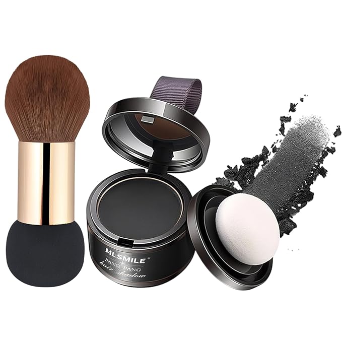 Hairline Powder Hair Root Touch Up - 3 Brush Heads, Instant Cover up Gray Hair, Portable Hair Color Concealer, Women Men's Grey Hair Coverage, Multi-purpose for Eye Shadow & Contouring - Black