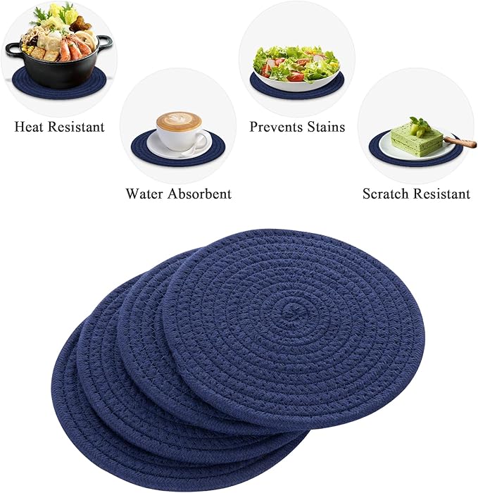 SHACOS 8 Inches Trivets for Hot Dishes, 4 Pieces Cotton Trivets Mats for Kitchen, Heat-Resistant Pot Holders for Countertops and Table, Hot Pads for Hot Pots and Pans, Navy Blue