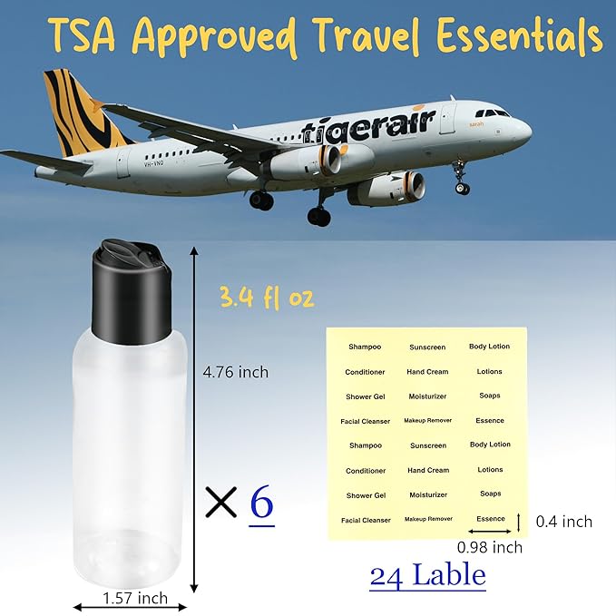 6 Pack Travel Bottles for Toiletries, 3.4oz Travel Shampoo Bottles Leak-Proof Tsa Approved Travel Size Bottle for Shampoo Conditioner and Body Wash, Clear Bottle Body