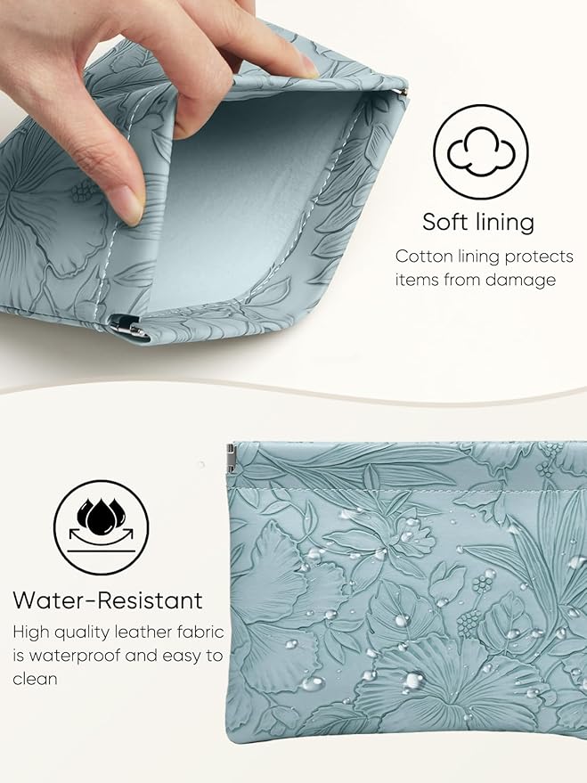 Floral Leather Makeup Pouch Set for Women Small Make Up Bag for Purse Waterproof Initial Makeup Cosmetic Bags Pouches for Purse Aesthetic Travel Toiletry Bag, Blue