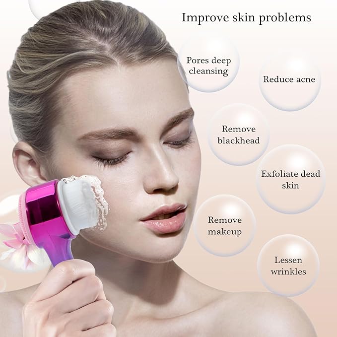 Face Brush 2 in 1, Silicone Facial Cleansing Exfoliating Brush Soft Bristles Pore Deep Cleansing Manual Dual Face Wash Scrub Brush for Massaging, Makeup Skincare Removal, Gradient Purple Blue