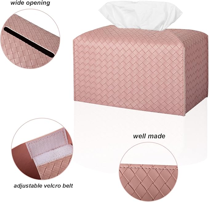 Tissue Box Cover PU Leather Tissue Holder Square Facial Tissue Case Facial Paper Organizer Dispenser for Bathroom, Vanity Countertop, Tabletop, Car, Rectangle, Pink