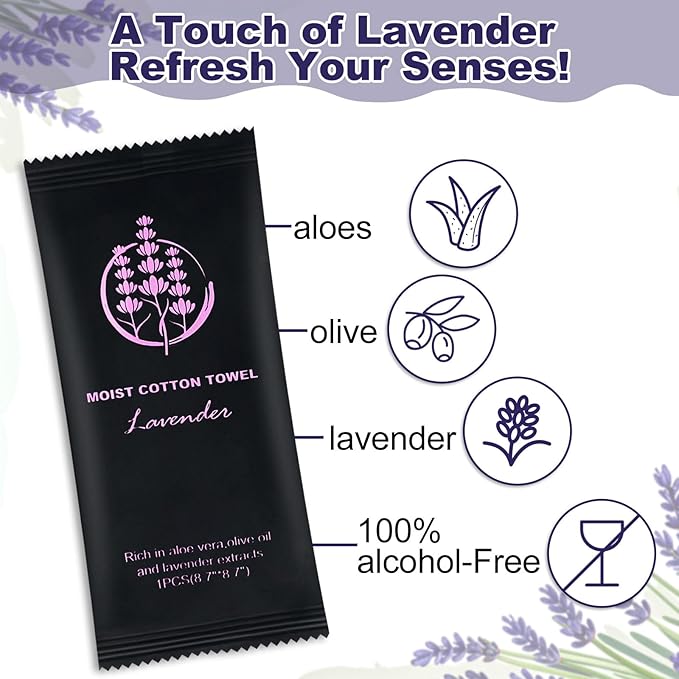 Moist Cotton Towel Bulk Moist Towelettes Individually Wrapped,White Towel Services,Refreshment Pre Moistened Towels for Dentist Travel Sport Party Hotel （Lavender,100)