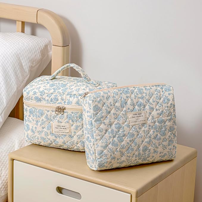 uekeboag 3Pcs Quilted Cotton Makeup Bag,Coquette Quilted Toiletry Bag for Women and Girls,Floral Coquette Pouch,Cute Kawaii Travel Cosmetic Bags(3Pcs LightBlue Flower)