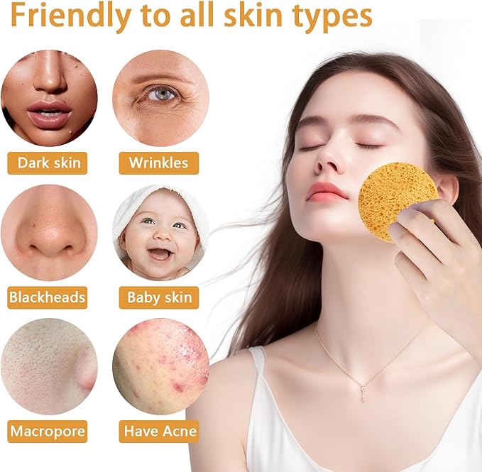 50-Count Large Compressed Facial Sponges for Estheticians,Daily Cleansing and Gentle Exfoliating- 100% Natural Cellulose Spa Sponge Perfect for Removing Dead Skin,Dirt and Makeup(Round 2.95", Yellow)