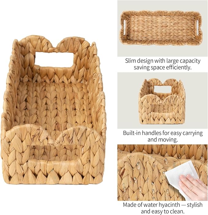 Toilet Tank Basket for Bathroom,Scalloped Edge Wicker Basket for Toilet Paper Storage,Small Baskets for Countertop,Shelves,Living Room,Bedroom,Both Organizer&Decor,Natural Water Hyacinth
