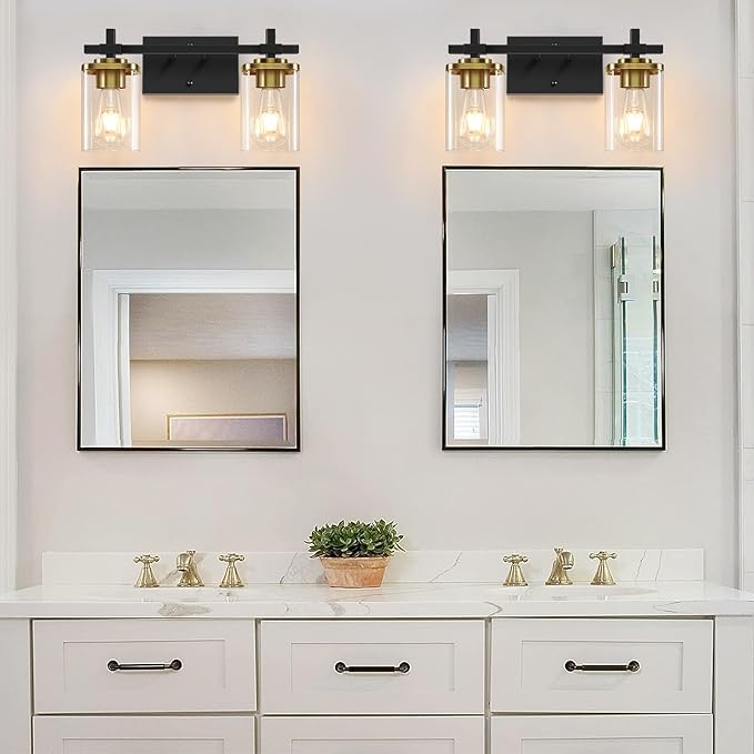 2-Lights Black and Gold Bathroom Light Over Mirror with Square Glass Shade and Metal Base, Gold Wall Vanity Lights for Bedroom, Stairs, Living Room, Hallway