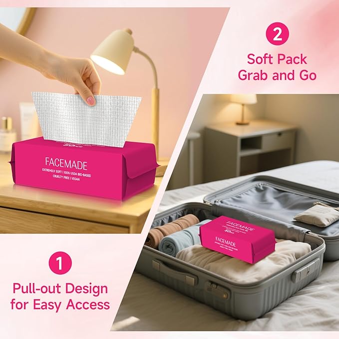 FACEMADE 50 Count (Soft Pack) Disposable Travel Towels, Ultra Thick Face Towels Disposable, Clean Facial Towels for Makeup Remover, Skincare, USDA Certified 100% Biobased
