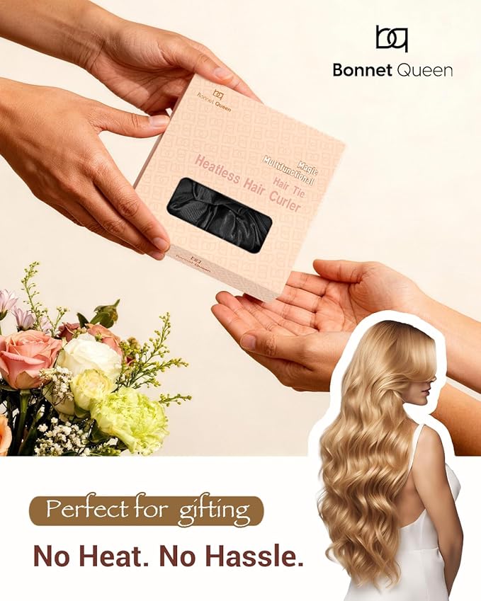 BONNET QUEEN Satin Heatless Hair Curler, Overnight Curls for Long Hair, ultra soft Heatless Curling Rod & 2 Scrunchies,Damage-Free Styling, Soft Hair Curlers for Overnight Use(Black)