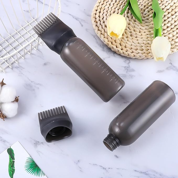 Pimoys 2 Pack Root Comb Applicator Bottle 6 Ounce Oil Applicator for Hair Dye, Black Hair Oiling Bottle Applicator Brush with Graduated Scale