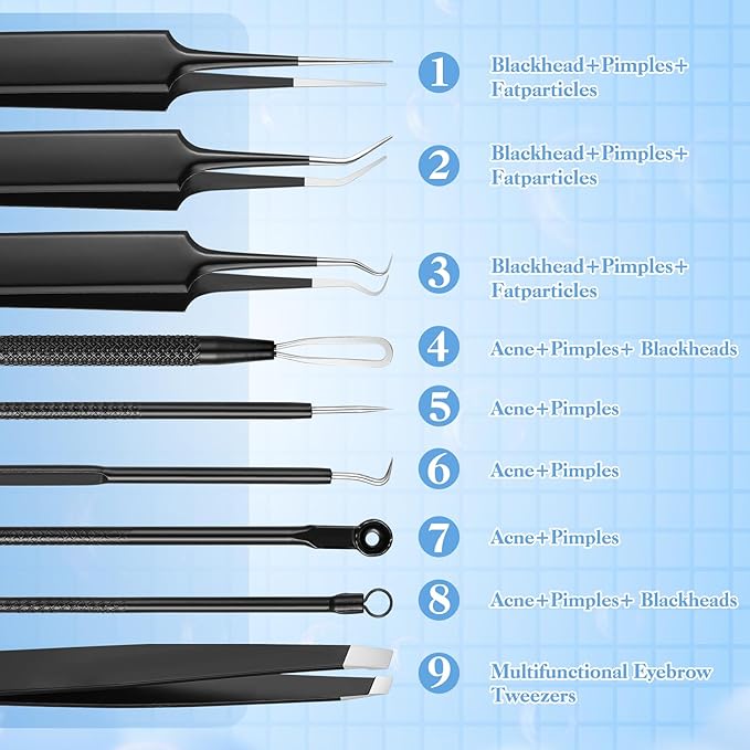 9 PCS Blackhead Extraction Tool Kit, Blackhead Remover Tool Comedones Extractor Acne Removal Kit for Nose Face