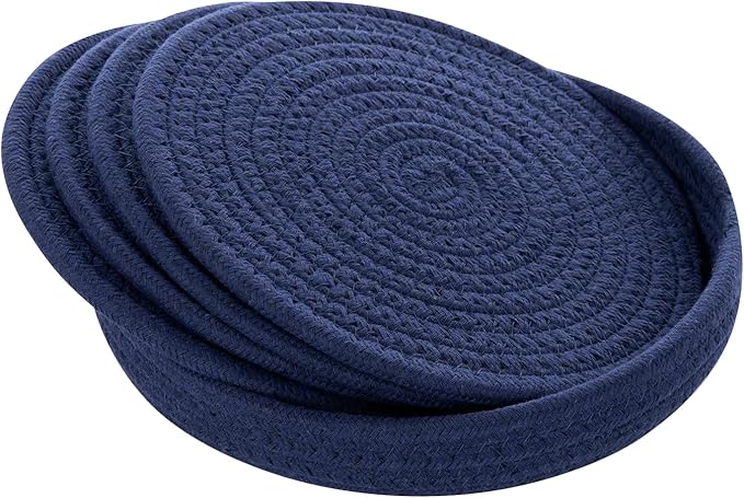 SHACOS 8 Inches Trivets for Hot Dishes, 4 Pieces Cotton Trivets Mats for Kitchen with Storage Basket, Hot Pads for Countertops and Table, Heat-Resistant Pot Holders for Hot Pots and Pans, Navy Blue