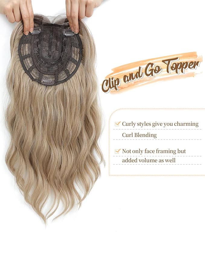 PANEWAY Hair Topper 16 Inch Wavy Synthetic Clip-In Topper for Women Natural Looking Voluminous Hairpiece for Thinning Hair, Lightweight & Breathable