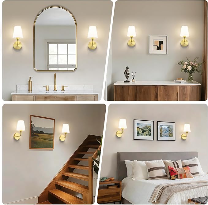 Modern Wall Sconces Set of 2, Hardwired Wall Lights with Flared White Fabric Shade, Brushed Gold Wall Lamps for Bedroom Bedside Stairway Bathroom Living Room(ETL Listed)