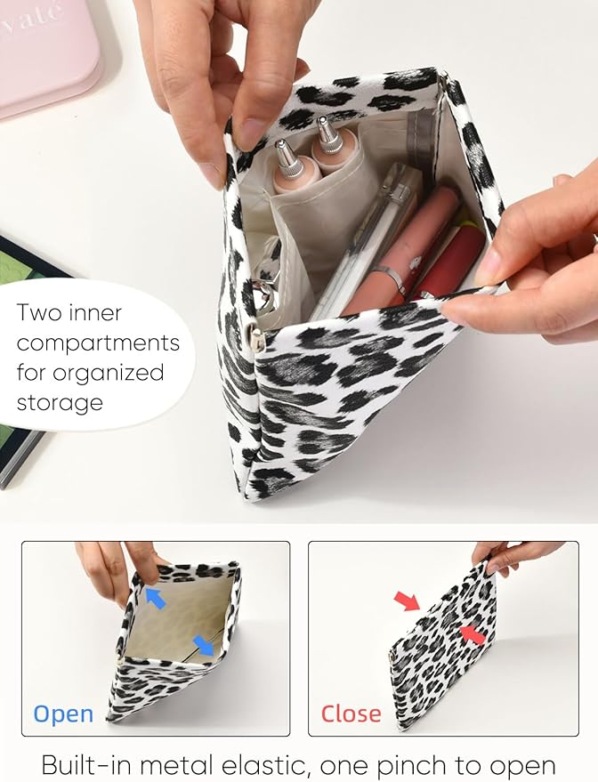 Leopard Leather Small Makeup Pouch for Women,Cosmetic Accessories,Waterproof and Portable Cosmetic Bag,Self-closing, No Zipper, Aesthetic Storage Pouch,Lipstick for Purse,White Black