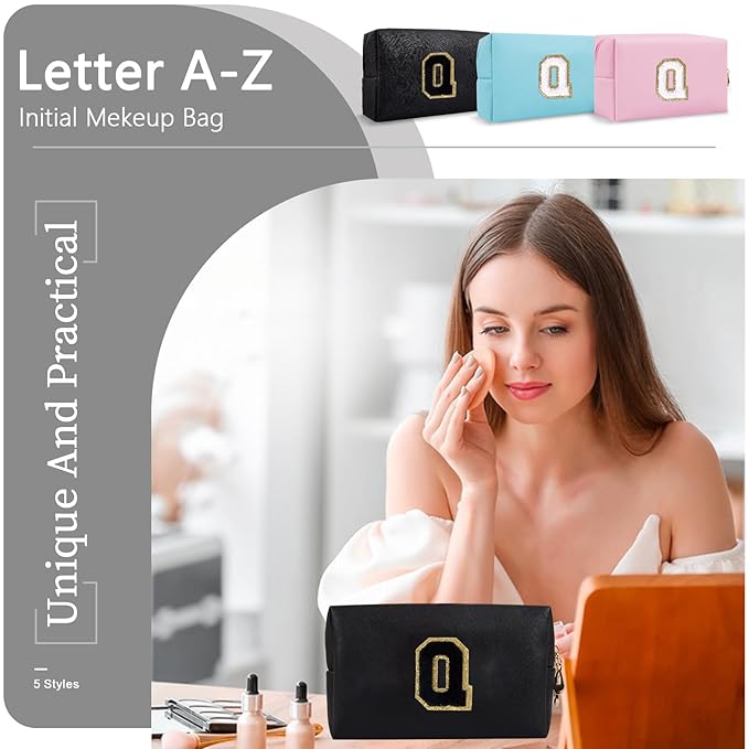 Personalized Initial A-Z Preppy Patch Makeup Bag,Small PU Chenille Letter Cosmetic Bag with Zipper for Teen Girls,Black Cute Toiletry Organizer Bag,Monogram Makeup Case Gift for Women Girls,Letter Q