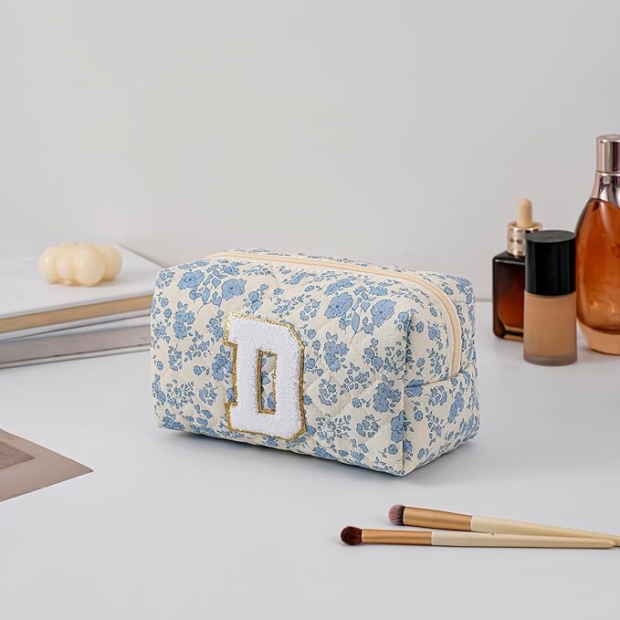 JOVAKIT Alphabet Makeup Bag Cosmetic Bag for Women, Christmas Gifts for Girls Age 6-18, Floral Flowers Coquette Travel Toiletry Zipper Make Up Pouch Organizer Trendy Stuff (Blue Floral D)