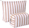 2 Pcs Makeup Bag Set Cute Cosmetic Pouch for Women Seersucker Travel Toiletry Bag Preppy Small Makeup Purse Pouch Aesthetic Skincare Brushes Storage Organizer for Valentine Women(Khaki Wide)