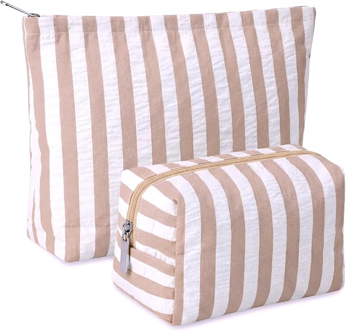 2 Pcs Makeup Bag Set Cute Cosmetic Pouch for Women Seersucker Travel Toiletry Bag Preppy Small Makeup Purse Pouch Aesthetic Skincare Brushes Storage Organizer for Valentine Women(Khaki Wide)
