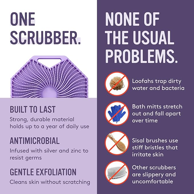 Sud Scrub® Antimicrobial Silicone Body Scrubber, Exfoliating Body Scrubber for Sensitive Skin, Eco Friendly Shower Scrubber for Body, Silicone Body Brush for Showering, Purple