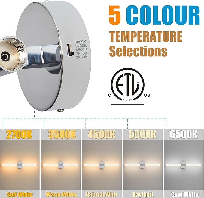 Bathroom Wall Sconces Set of 2 Hardwired, Dimmable 5CCT LED Bathroom Light Fixtures Over Mirror, 360° Full Lighting 23 inch Vanity Light Bar Modern Chrome Wall Sconce for Bedroom Living Room