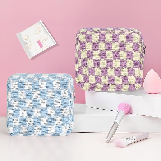 Sanitary Napkin Storage Bag, Menstrual Pad Zipper Bag Checkered Portable Period Bag Panty Liners, Tampon Storage Pouch for Women Ladies Daily Use Storage Purse Travel
