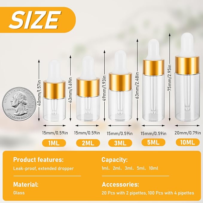 20 Pack Mini Dropper Bottle for Cuticle Oil, 1ml Small Sample Essential Oil Dropper Bottles for Travel, Clear Empty Vails for Cosmetic Perfume