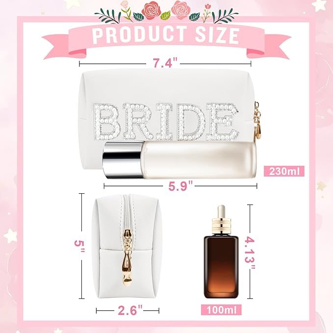 ChaoGreat Bride Gifts – Personalized Makeup Bag with Pearl Rhinestone Patch, Preppy White Monogram Cosmetic/Toiletry Pouch, bridesmaid Gifts, Bridal Shower Gifts, Wedding Gifts, Bridal Gifts,Bride