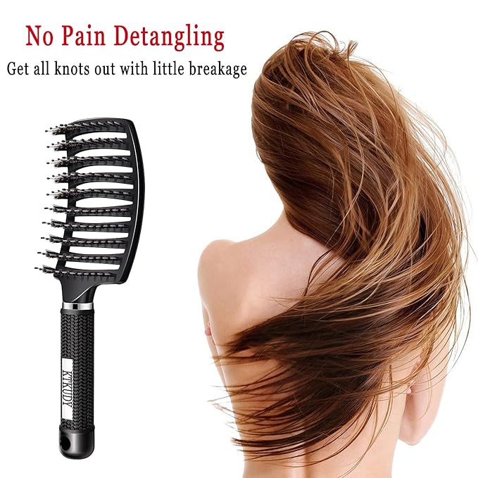 Detangling Brush Boar Bristles Set KTKUDY Hair Brush Curved and Vented Detangler Brush for Women Men Kids Wet and Dry Hair (Black&White)