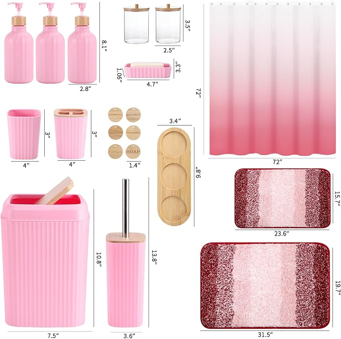 Bathroom Accessories,Bathroom Set with Shower Curtain,Rugs,Trash Can,Lotion Soap Dispenser,Toothbrush Holder,Soap Dish, Tags with Tray（Pink1 ），（Bath Set+Shower Curtain+Bath Rugs）