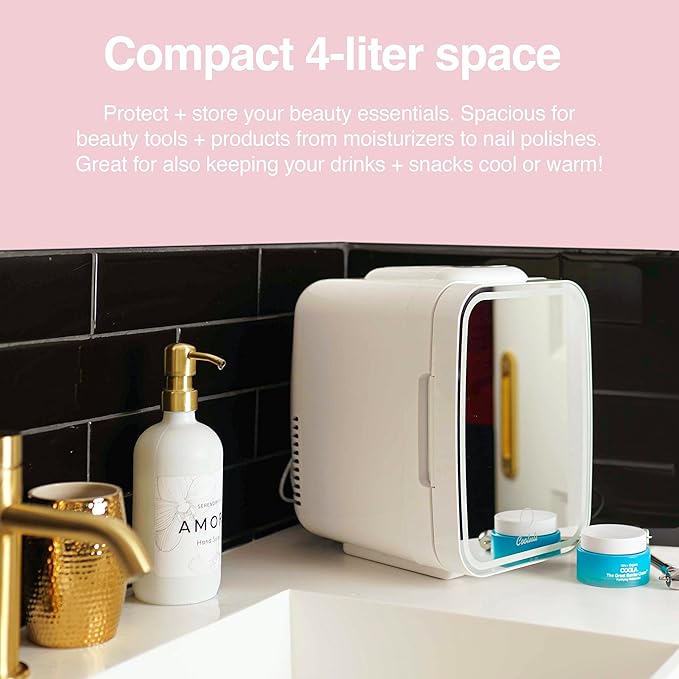 Cooluli Glow 4L Mini Skincare Fridge with Mirror & LED Light - Small Refrigerator for Skin Care, Makeup, Food & Drinks - Portable Mini Fridge for Bedroom & Office, 100-240V, White Mirror LED