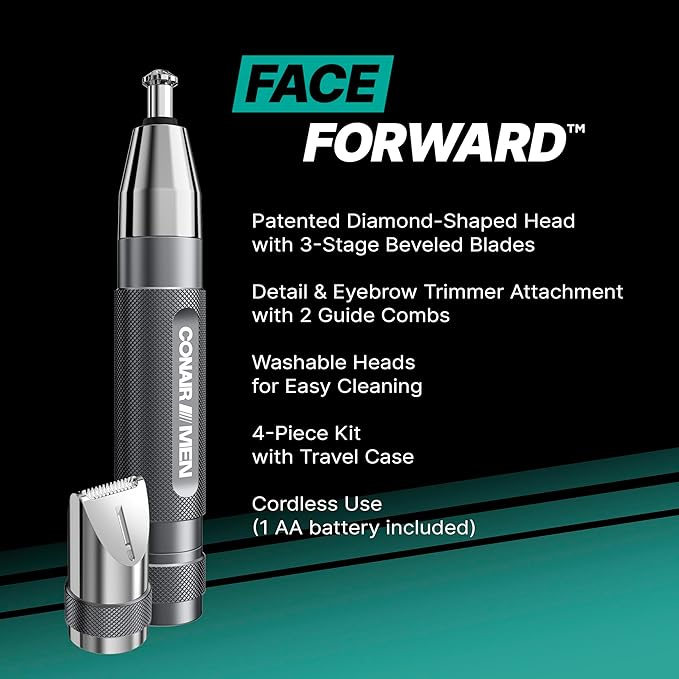 Conair Men Ear, Nose and Eyebrow Trimmer, Patented 360° Bevel Blade for No Pulls, Nicks or Cuts Guaranteed, Nose Hair Trimmer for Men, Non-Slip Grip, 5-Piece Kit with Travel Case