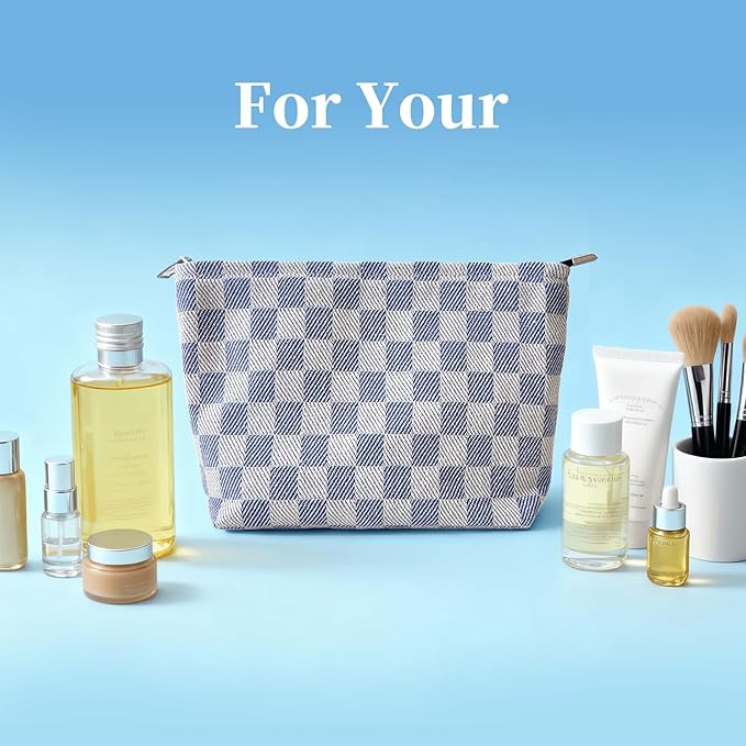 Blue Checkered Makeup Bag for Women, Canvas Cosmetic Bag with Zipper Lining, Travel Makeup Pouch for Purse, Travel Pouch for Toiletry, Cosmetic, Sunscreen, Hygiene, Skincare, SPF, Medicine, Sunblock