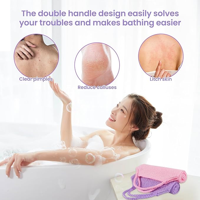 3 Pcs Double-Sided Back Exfoliator Body Scrub Towel, Exfoliating Back Scrubber with Handles,Exfoliating Washcloth Bath Tool in Shower, Stretchable Back Washer to Deep Cleans Skin (Purple)