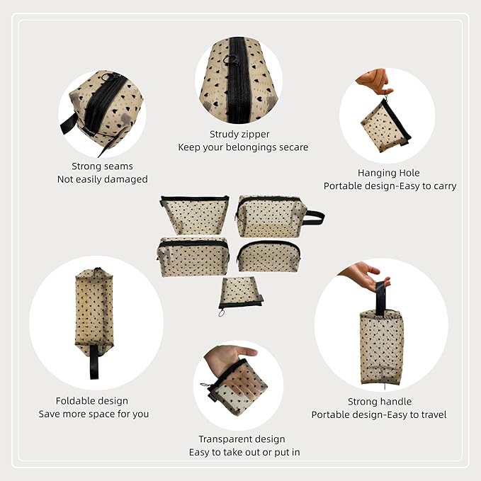 5 Pieces Mesh Heart Makeup Bags Sets, Zipper Mesh Cosmetic Bag Toiletry Bag, Travel Makeup Bags for Women, Small Items Storage Organizer Bags for Home Office Travel (Beige)