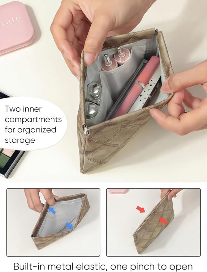 Denim Brown PU Leather Makeup Pouch Set for Women Small Checkered Make Up Bag for Purse Waterproof Initial Makeup Cosmetic Bags Pouches for Purse Aesthetic Travel Toiletry Bag,