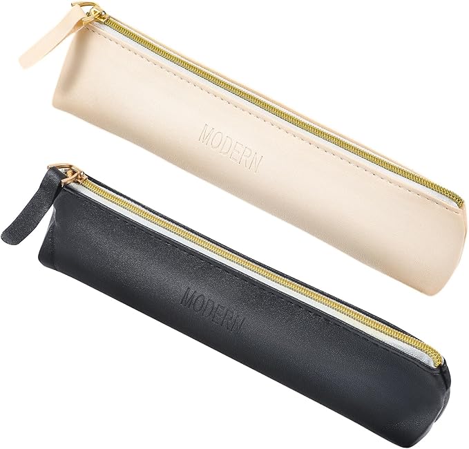 2pcs Mini Cosmetic Bag for Purse, 7.87 x 2.55inch Small Leather Pouch Make Up Bag with Zipper Portable Small Cosmetic Organizer for Women and Girls, Black Beige