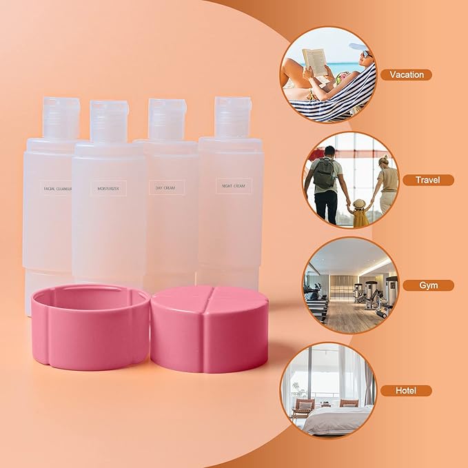 Olatay 4-in-1 Leak-Proof Travel Bottle ,4x60ml/2oz,with 2 Pre-printed Labels for Travel,Gym,Camping, Carry-On Toiletries Shampoo Lotion Bottle (Pink+Blue+Purple+Orange)