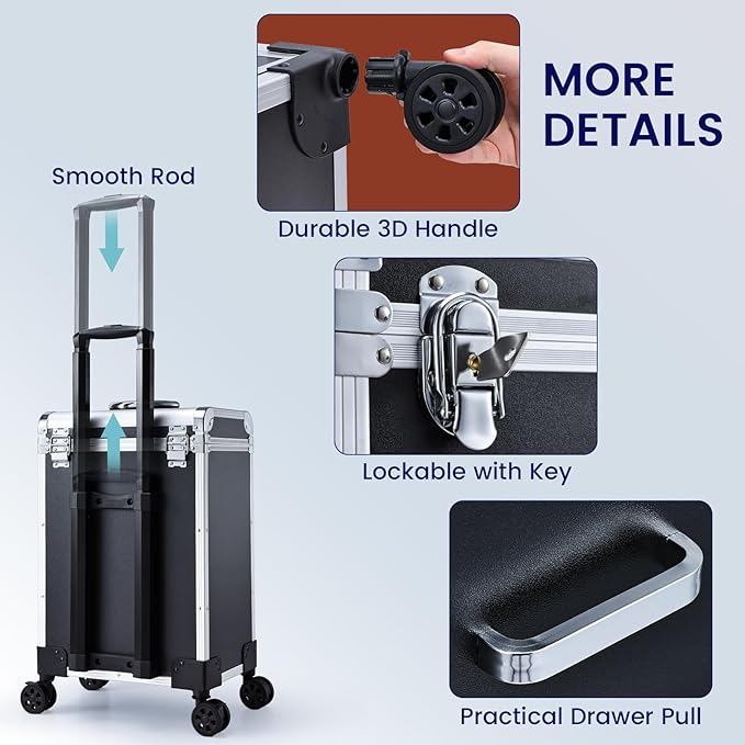 Adazzo Professional Rolling Makeup Train Case with Drawers, Large Cosmetic Trolley with Locks, Cosmetics Storage Organizer Make up Case for Travel Makeup/Nail Art/Hair Styling, Matte Black