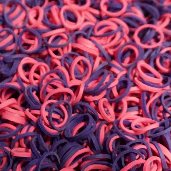 Amelia Beauty | 500 Count 1/2" Rubber Bands | Premium US Made Rubber Hair Ties | Ideal for Ponytails, Braids & Beards | Strong All Day Hold | Convenient Re-closable Container | Purple and Fuchsia Mix