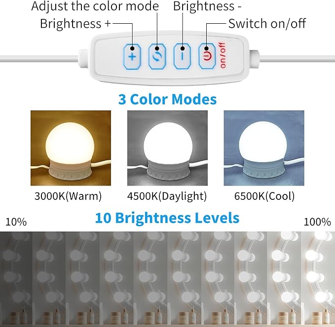 LED Vanity Mirror Lights with 14 Dimmable Bulbs, 3000K 4500K 6500K & 10 Brightness Levels Adjustable, Plug in USB Cable, Hollywood Style Stick On Mirror Lights for Makeup Desk Bathroom Dressing Room