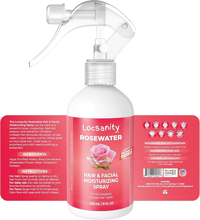 Locsanity Pure Rosewater Hair and Facial Spray – Regular Size Hydrating Face Mist to Soothe, Refresh, and Rejuvenate Skin, Reduce Oil and Buildup (8oz)