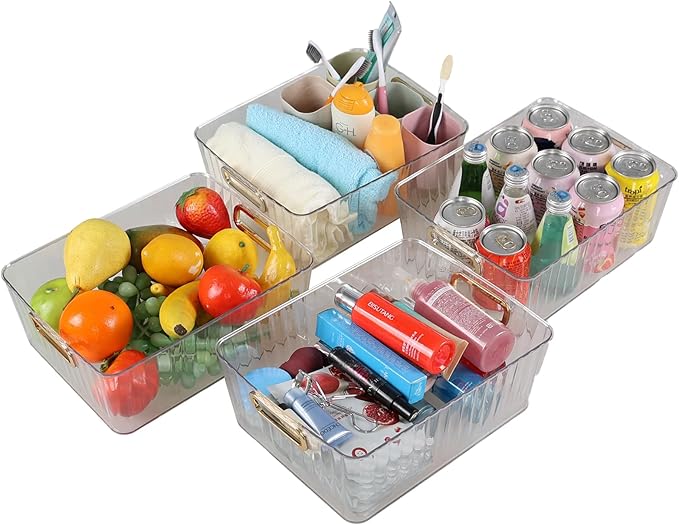 4 Pack Clear Plastic Storage Container Bins for Pantry, Fridge, Shelf, Tabletop, Cabinet