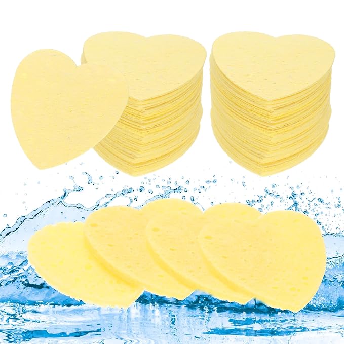 uxcell 120 Count Compressed Facial Sponges Heart-Shaped Face Cleansing Sponges Pads for Daily Skincare Routines at Home, Kitchen, Travel, Yellow