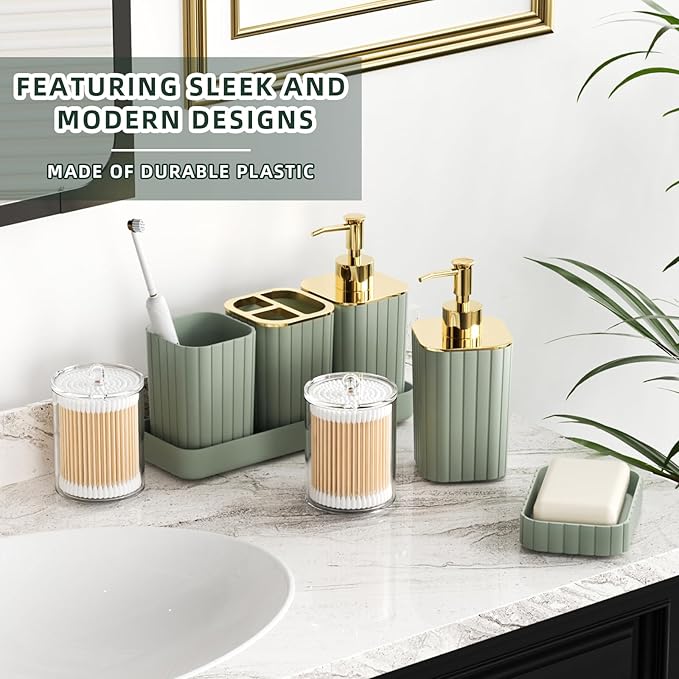26PC Bathroom Accessories Set - Gorgeous Sage Green Bathroom Set, Bathroom Accessory Set, Shower Curtain Set with Bathtub Mats for Shower Tub, Trash Can & Soap Dispenser