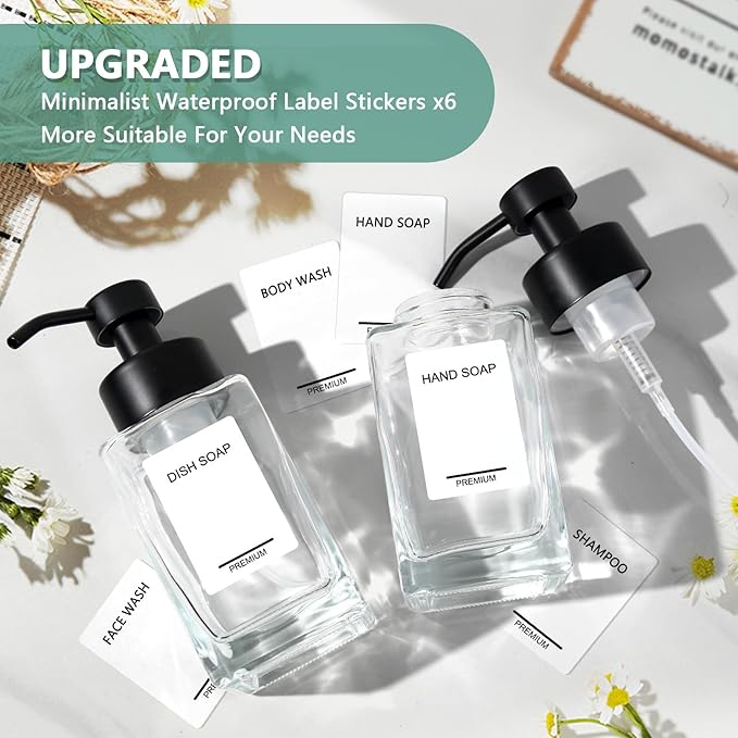 Foaming Soap Dispenser 2 Pack, 12oz/350ml Glass Foaming Hand Soap Dispenser Set with Stainless Steel Pump, Square Refillable Foam Pump Bottles for Bathroom&Kitchen,Includes 6 Labels