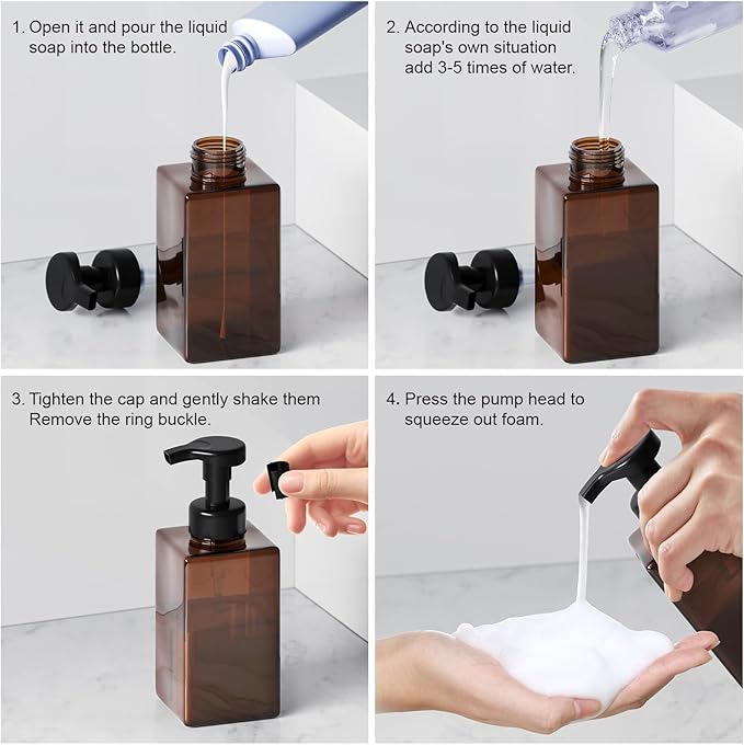 Amber Foaming Soap Dispenser, Refillable Foam Hand Soap Dispenser, Set of 2 Empty Foamer Pump Bottle, Brown Foaming Dispenser Bottles with Black Pump