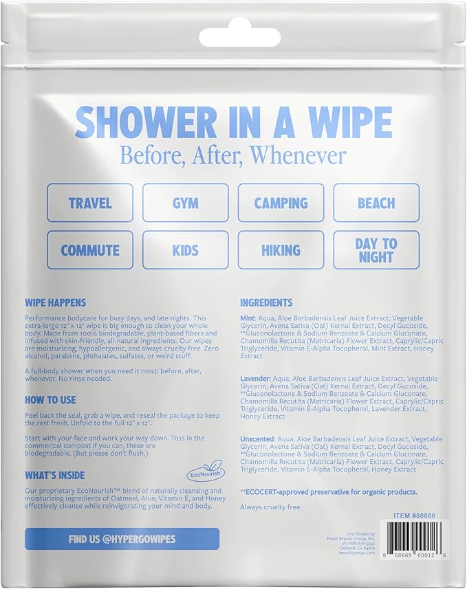 HyperGo XL Single Body Wipes for Women & Men – 12" x12" Rinse-Free Full Body Cleansing 10 Count Pack - Variety | Biodegradable, Hypoallergenic, Aloe-Infused | Gym, Festival, Camping Essentials