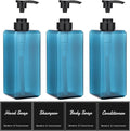 Suream Shampoo Dispenser for Shower, 22oz/650ml Shampoo and Conditioner Bottles with Labels, Lotion Bottle with Black Pump for Body Wash, Massage Oil, Moisturizer(Set of 3, Blue)