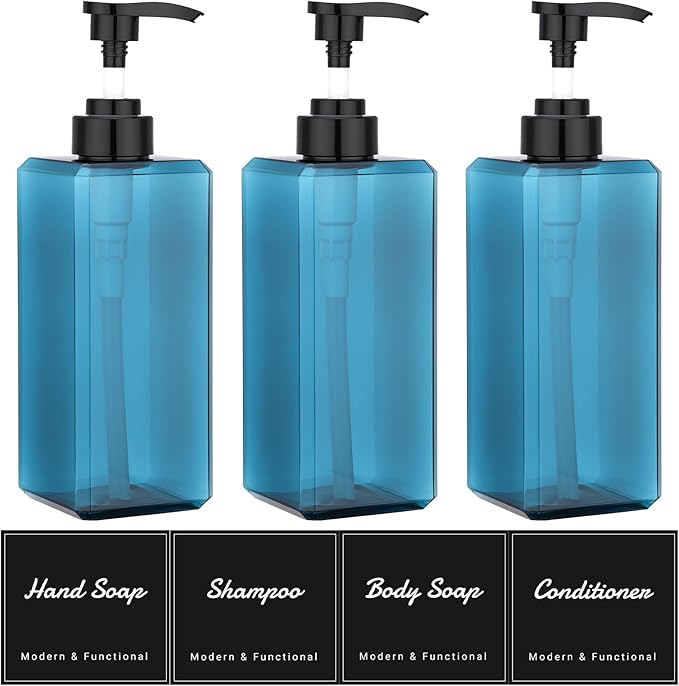 Suream Shampoo Dispenser for Shower, 22oz/650ml Shampoo and Conditioner Bottles with Labels, Lotion Bottle with Black Pump for Body Wash, Massage Oil, Moisturizer(Set of 3, Blue)